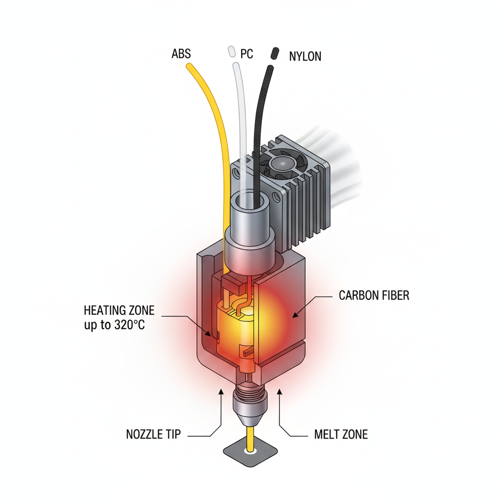 320°C nozzle: The high-temperature, brass-hardened steel nozzle enables printing with a wide range of advanced filaments, including those beyond standard PLA, such as ABS, PC, nylon, and carbon fiber-reinforced materials.