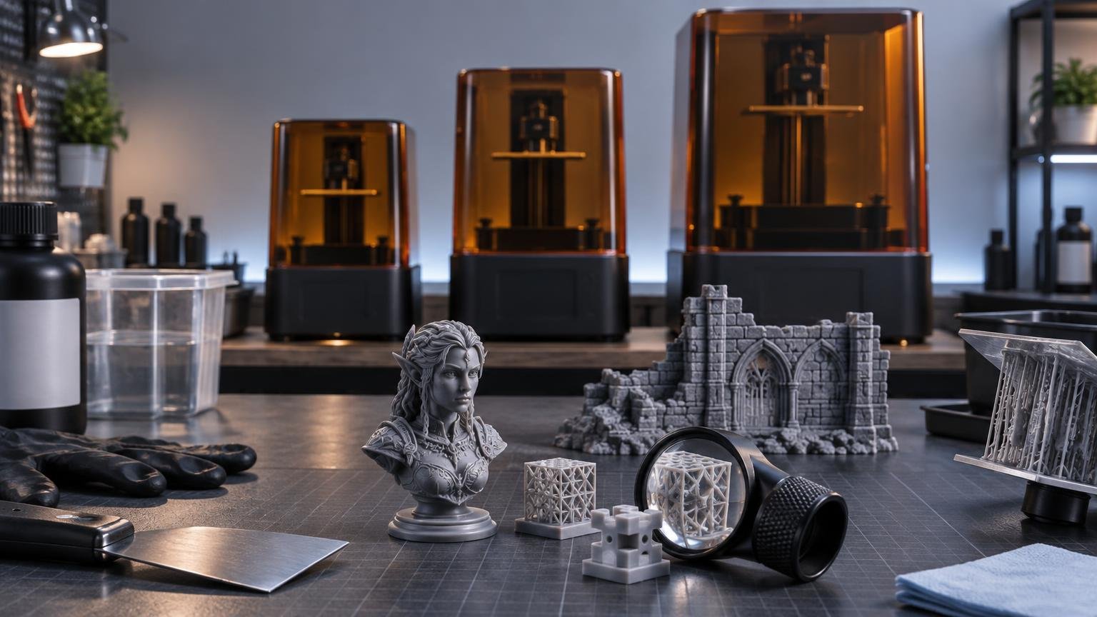 Three amber-covered resin 3D printers behind detailed gray test prints, a fantasy miniature bust, terrain ruin, support structures, gloves, tools, and resin-handling containers on a workshop bench.