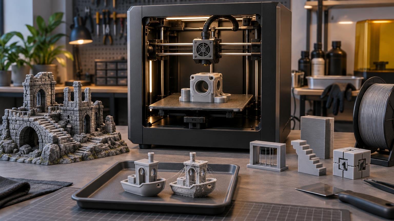 Enclosed desktop FDM 3D printer in a workshop, surrounded by a terrain castle, functional test parts, calibration prints, a filament spool, and two small boat test prints showing clean and rough results.