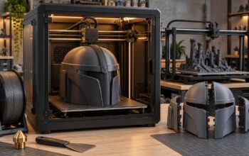 Enclosed desktop 3D printer producing a large gray helmet beside a filament spool, with separate interlocking helmet panels and another open-frame printer making a castle model in a workshop.