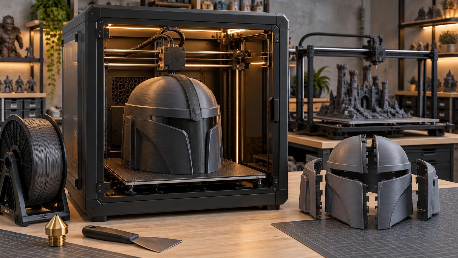 Enclosed desktop 3D printer producing a large gray helmet beside a filament spool, with separate interlocking helmet panels and another open-frame printer making a castle model in a workshop.