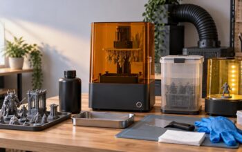 Workshop tabletop with an amber-covered resin printer holding several miniature prints, unlabelled resin bottle, trays, blue gloves, scraper, wash container, curing station, and detailed fantasy miniatures beneath a large ventilation duct.