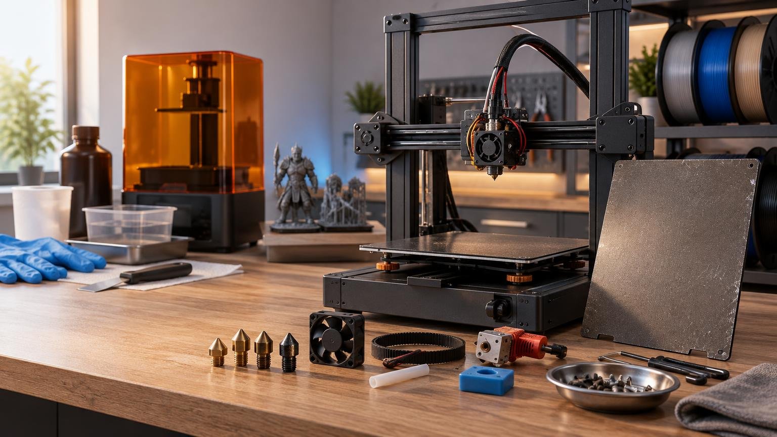 Workshop tabletop with an open-frame FDM 3D printer, orange-covered resin printer, filament spools, spare build plate, nozzles, fan, belt, hotend, tools, gloves, and miniature prints.