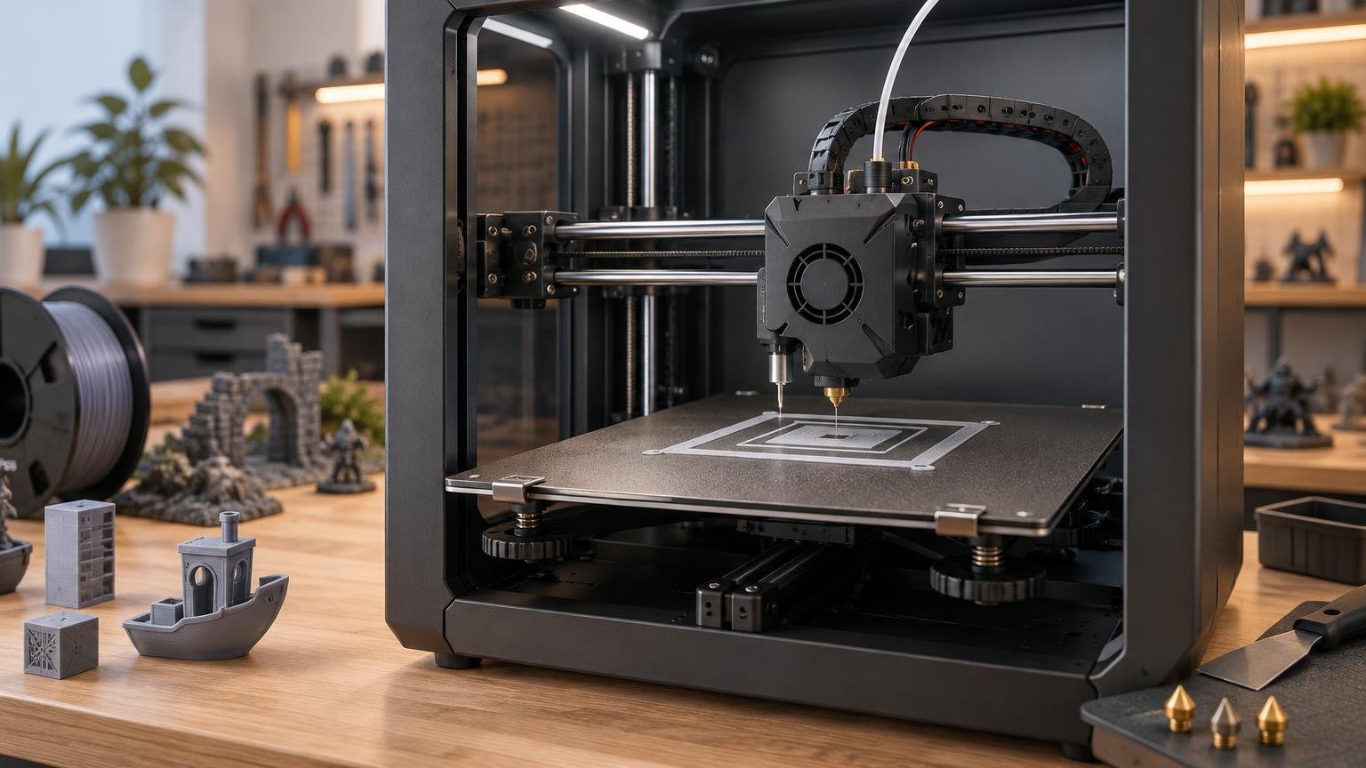 Close-up of an unbranded enclosed desktop FDM 3D printer printing a rectangular first-layer test pattern on its build plate, with a filament spool and small sample prints on a workshop table.