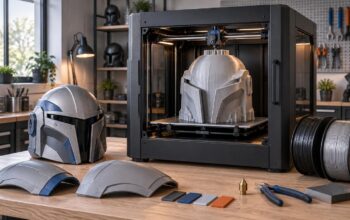 Large enclosed desktop FDM 3D printer displaying a gray sci-fi helmet print, with a finished helmet, curved armor panels, filament spools, nozzle, tools, and sanding block on a workshop table.