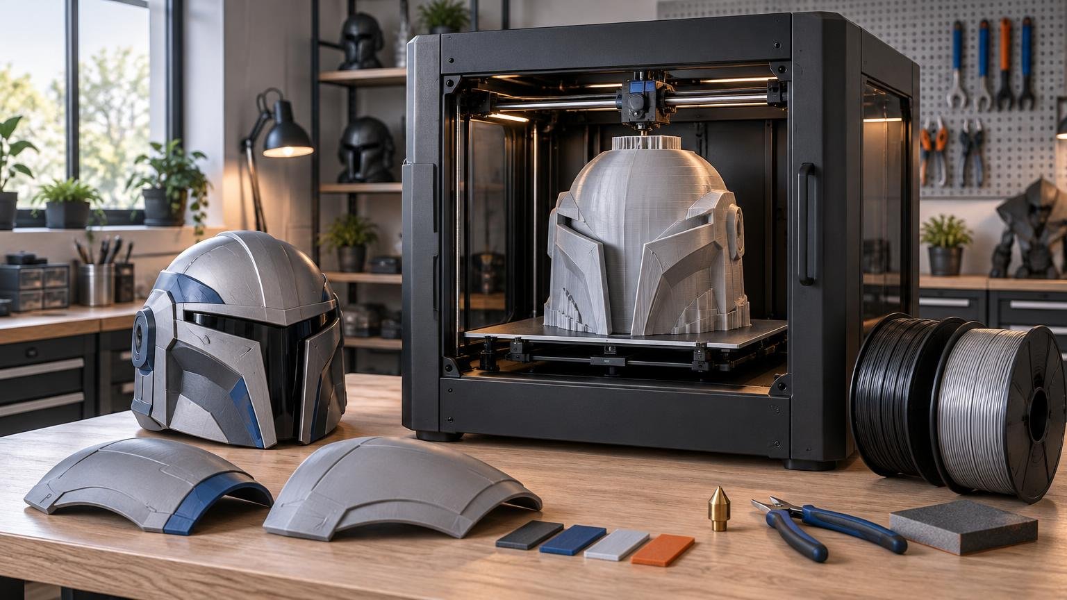 Large enclosed desktop FDM 3D printer displaying a gray sci-fi helmet print, with a finished helmet, curved armor panels, filament spools, nozzle, tools, and sanding block on a workshop table.