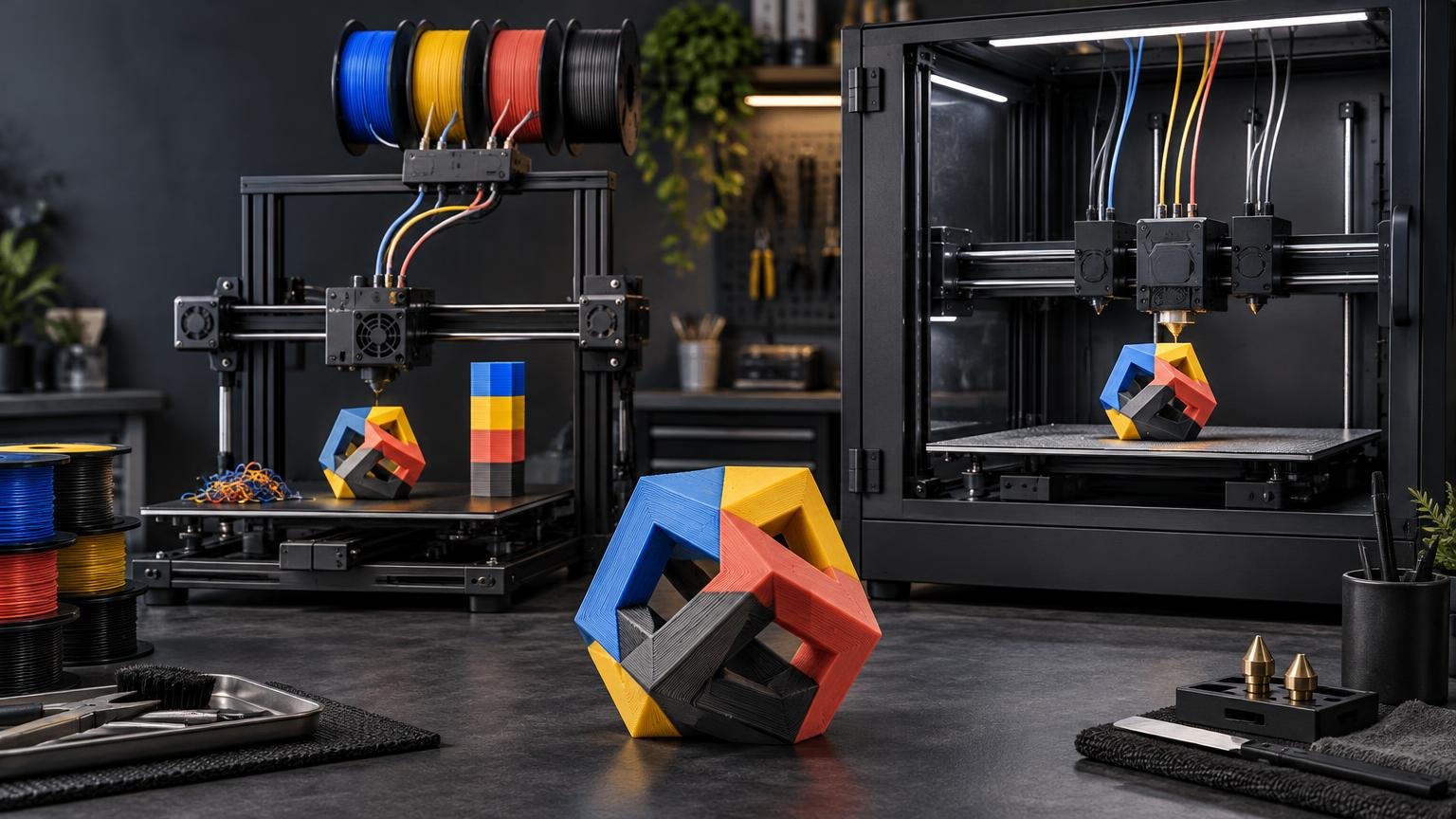 Studio workshop scene with two unbranded desktop FDM 3D printers, colored filament spools, multicolor geometric test prints, spare nozzles, and hand tools.