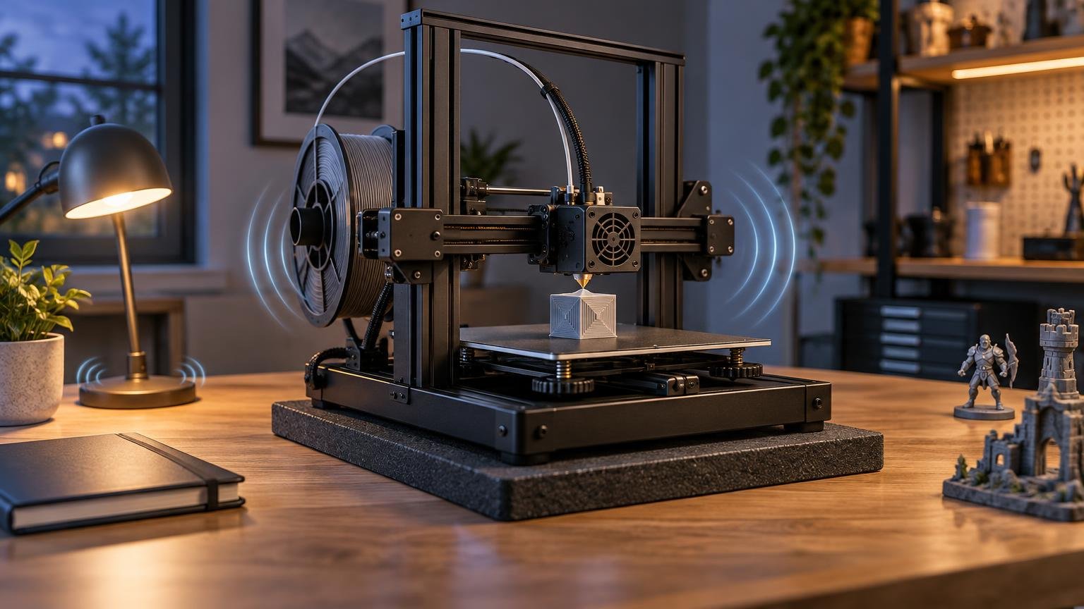 Desktop FDM 3D printer printing a small geometric cube on a vibration-damping pad, with filament spool, tabletop miniatures, and stylized blue sound-wave graphics in a workshop.