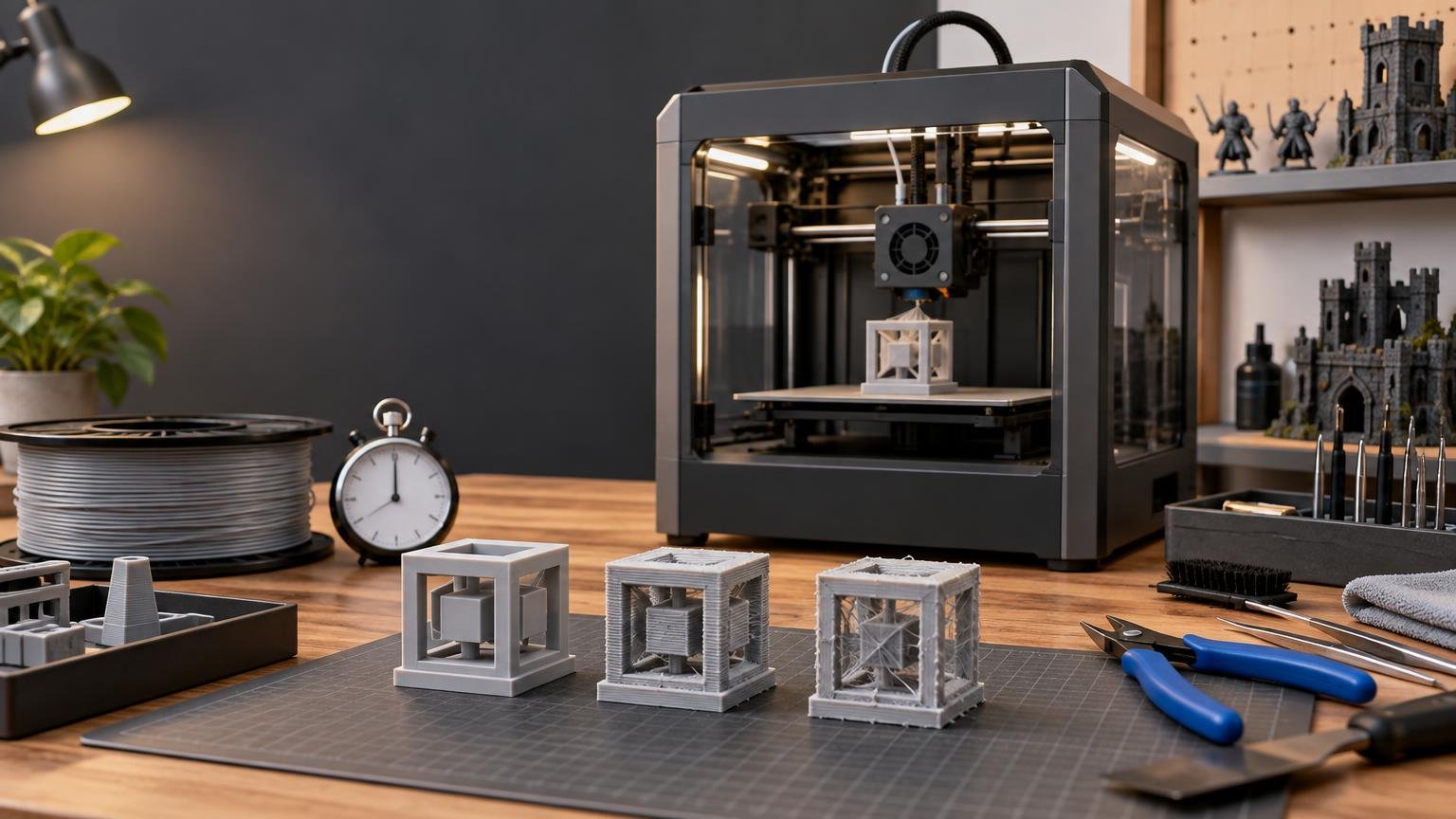 Enclosed desktop FDM 3D printer printing a small calibration cube beside three cube test prints with visibly different surface quality, a filament spool, stopwatch, and hand tools on a workshop table.