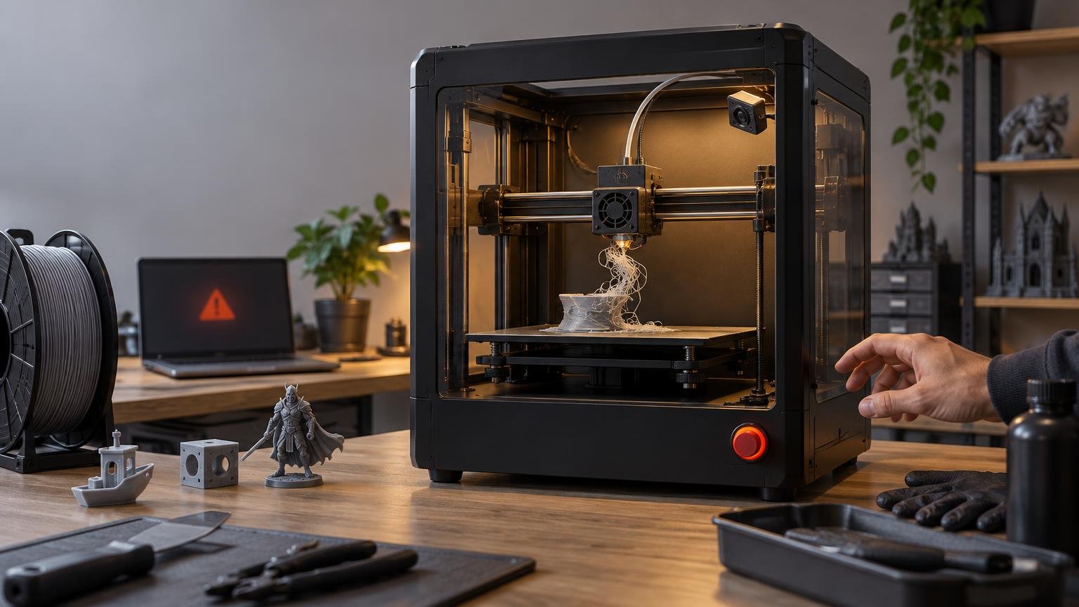 Enclosed desktop filament 3D printer with an internal camera and a tangled failed print on the build plate, surrounded by a filament spool, sample prints, tools, gloves, and a laptop showing a warning symbol.